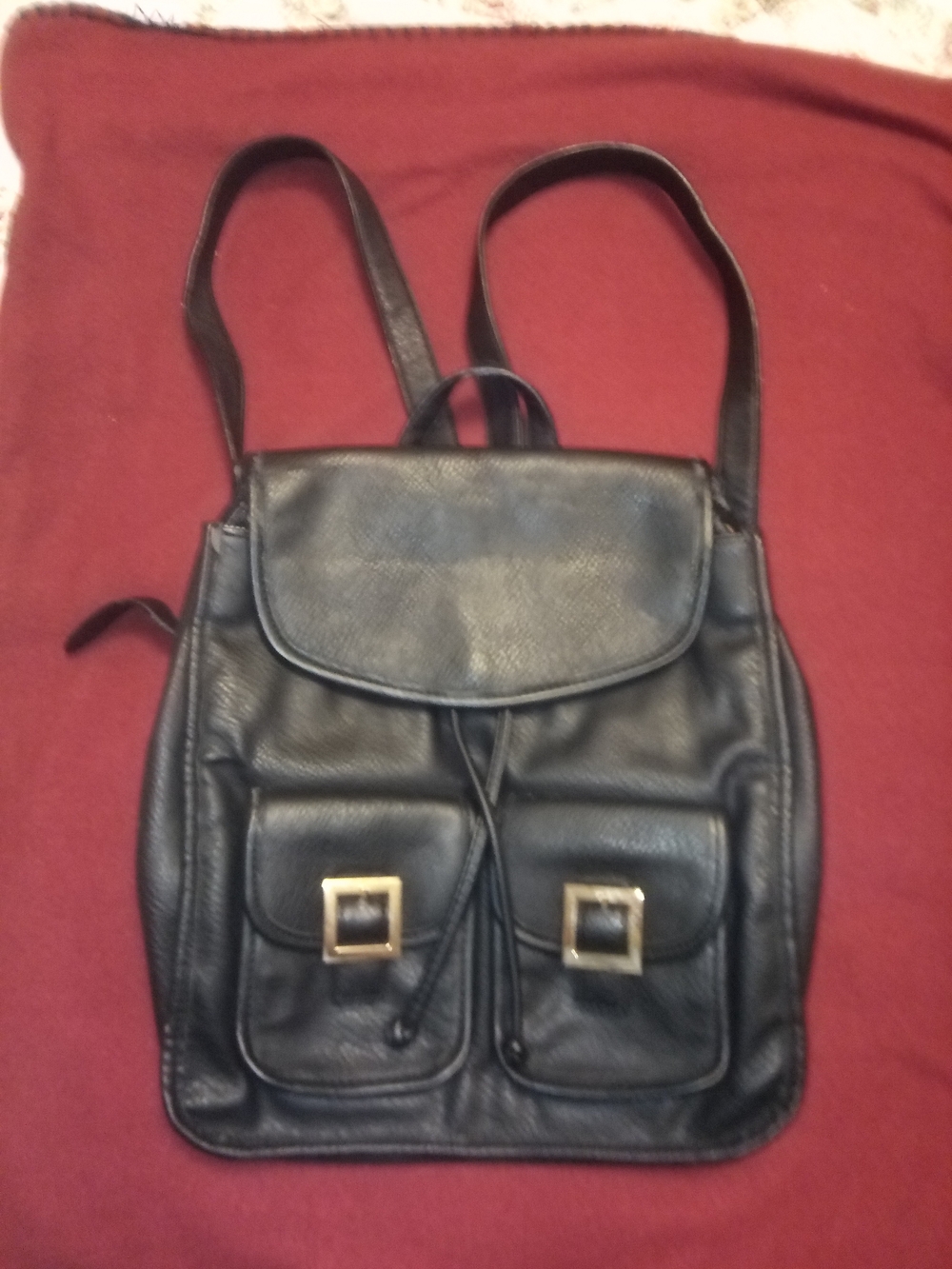 Men's Black Drawstring Backpack with Front Buckle Pockets
